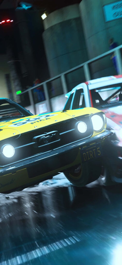 Dirt Rally Racing Game: Yellow Muscle Car Speeding Through Wet Streets - DIRT 5 Background Wallpaper
