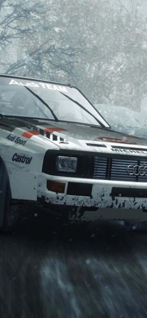Intense Dirt Rally Car Close-Up in Snowy Background - Raw Off-Road Racing Illustration Wallpaper