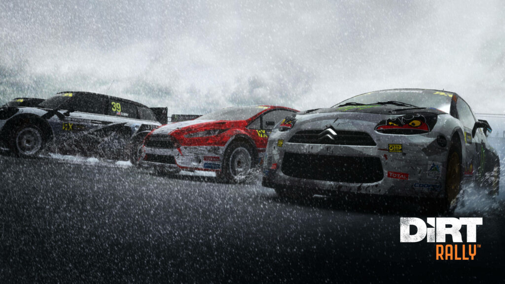 Thrilling Race through Rain: Cars from Dirt Rally Dash Ahead in Gloomy Weather Wallpaper