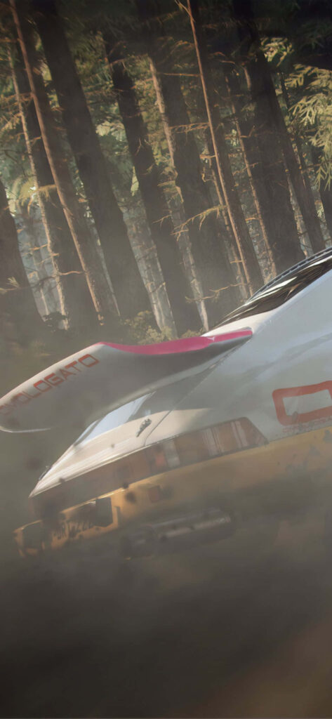 Dirt Rally Car Speeding Through Forest Track - Action Packed Racing Scene Wallpaper