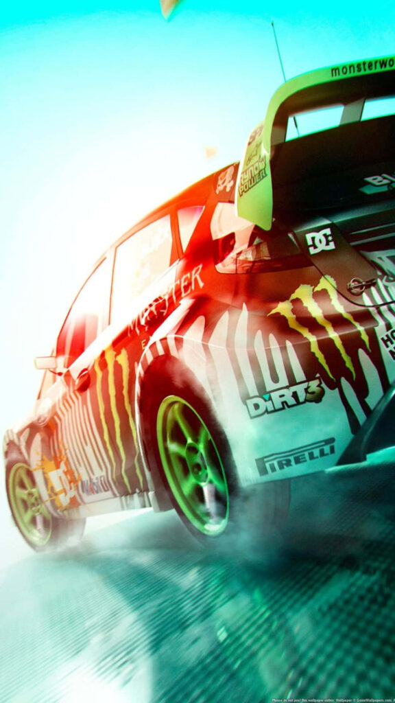 Dirt Showdown rally car racing on bright urban track with vivid sponsor logos Android wallpaper