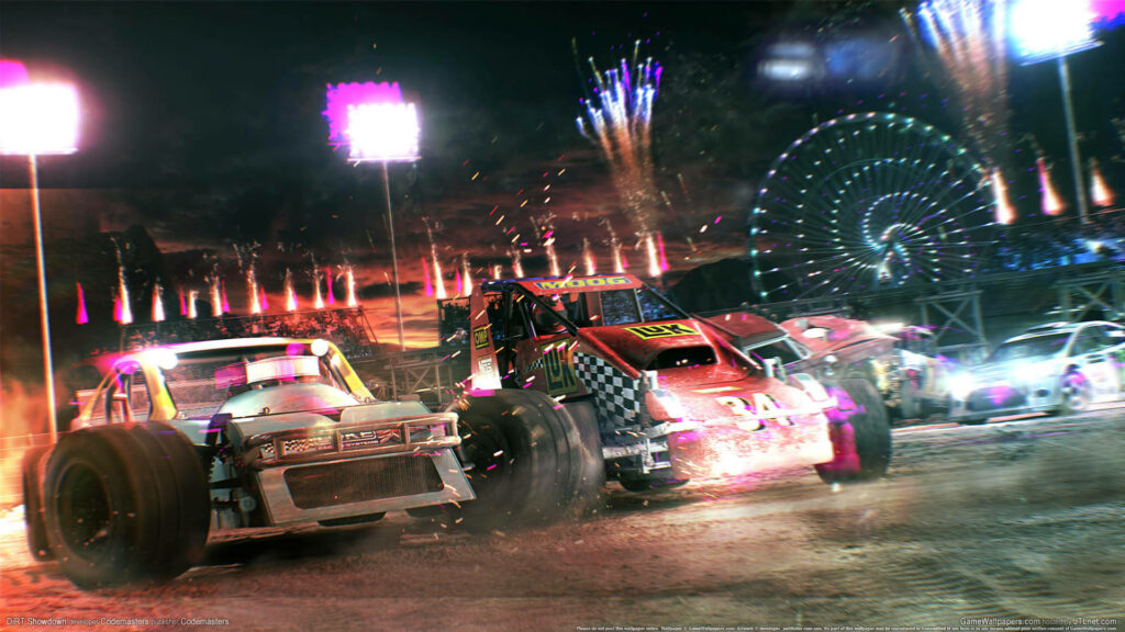 Dirt Showdown: Racing Cars Rev Up in Lively Festival Atmosphere Wallpaper