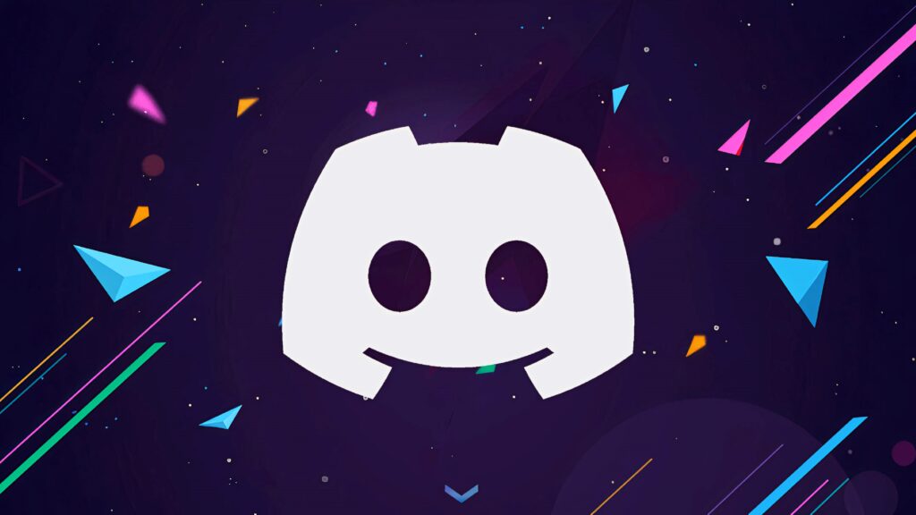 Discord logo white centered on dark purple geometric background with neon colorful accents wallpaper