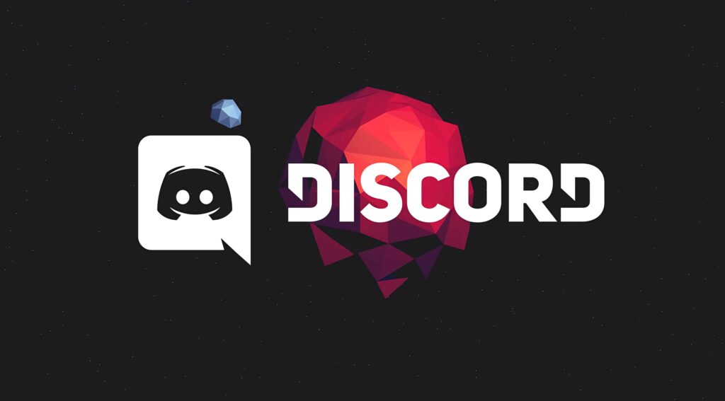Discord logo inside chat bubble with red polygonal planet on dark starry digital wallpaper background