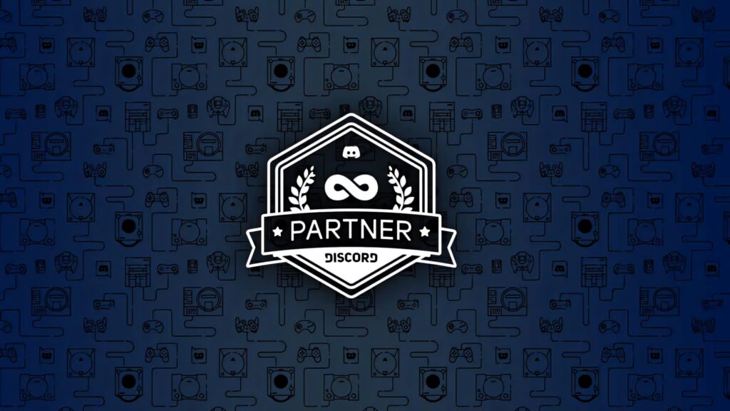 Discord partner badge wallpaper with blue yellow logo on dark gaming icon background