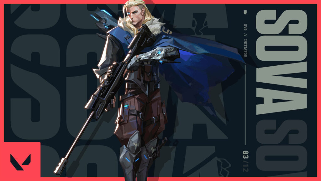 Sova Showcase: Majestic Valorant Character Poster in Stunning 2k Resolution, featuring Sova's Iconic Attire and Intriguing Dark Blue Cape, complemented by a Bold Writing of His Name against a Riveting Dark Background - Captivating Valorant 2k Background Snapshot Wallpaper