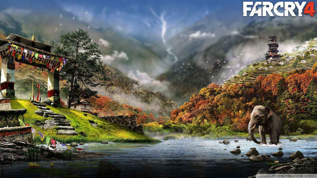 Mystical Landscapes: Paradise Found in Kyrat - Serene Elephant Encounter amidst Breathtaking Foggy Mountains Wallpaper