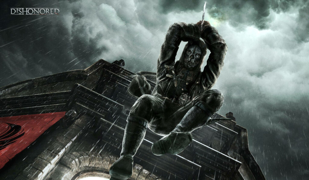 Dynamic Dishonored 3D Gaming Wallpaper: Masked Character in Action