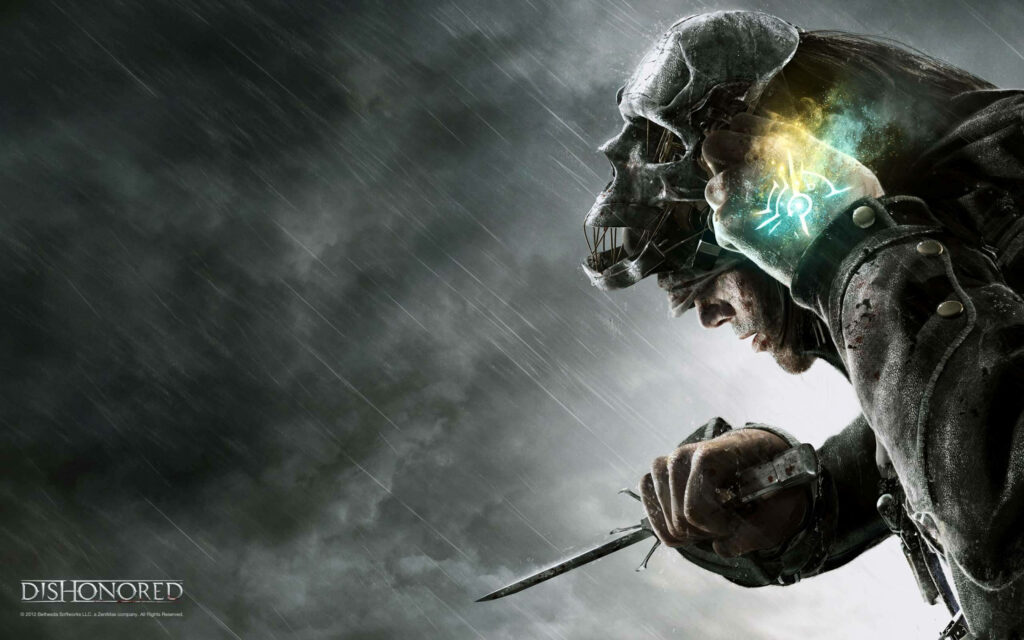 Dishonored Dynamic Wallpaper: Mysterious Character in Stormy Background