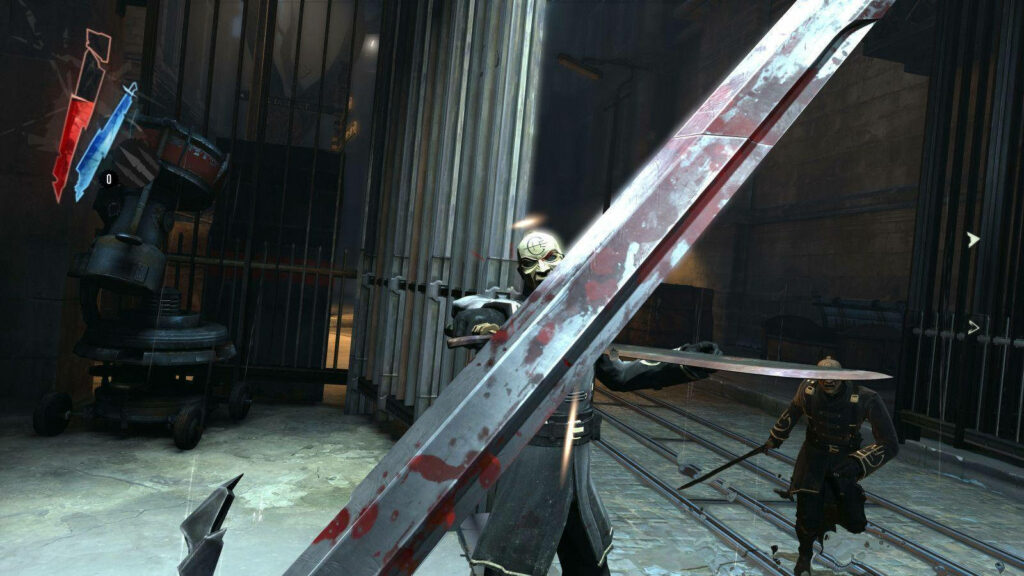 “Dishonored Wallpaper: Gritty Character with Blood-Stained Sword”
