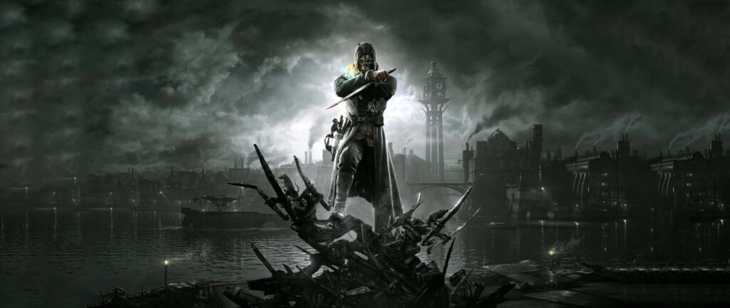Dishonored's Immersive Ultra-Wide Gaming Backdrop: Corvo Attano Braving the Ocean Wallpaper