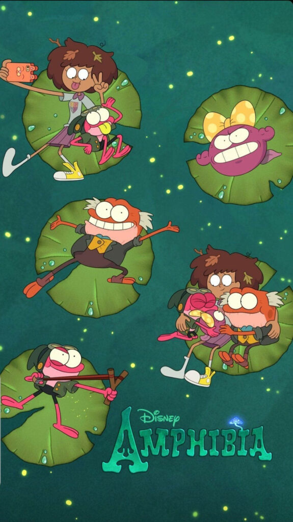 Disney Amphibia wallpaper featuring Anne Boonchuy and frog friends on lily pads with starry sky