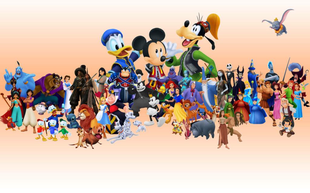 Whimsical Disney World: Animated Characters on Vibrant White and Orange Desktop Wallpaper