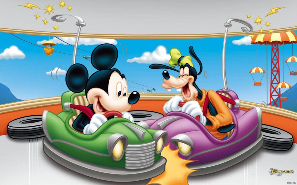 Mickey Mouse and Goofy laughing in colorful bumper cars bright amusement park wallpaper