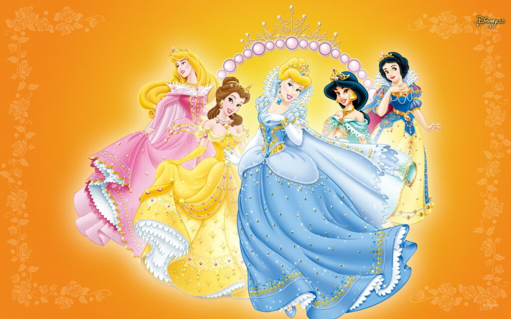 Disney princess wallpaper with Aurora Belle Cinderella Jasmine Snow White in signature gowns