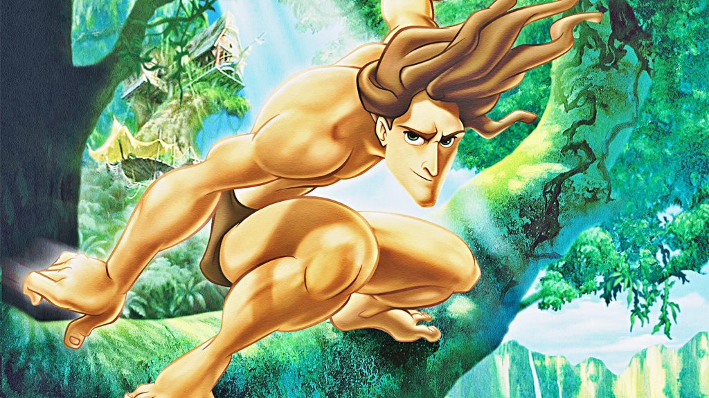 Disney Tarzan wallpaper muscular hero crouching on branch lush jungle treehouse background