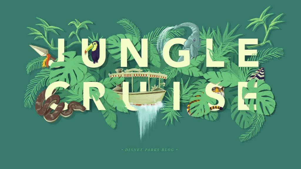 Disney World Jungle Cruise digital wallpaper with boat waterfall toucan tiger in lush jungle design
