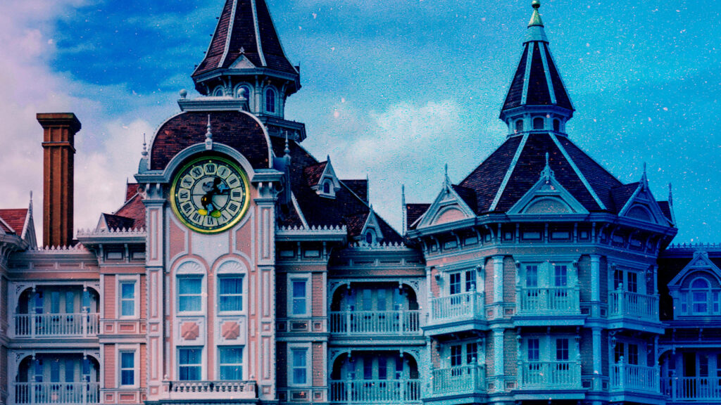 Disneyland iconic architecture wallpaper vibrant transition from warm daylight to magical night sky