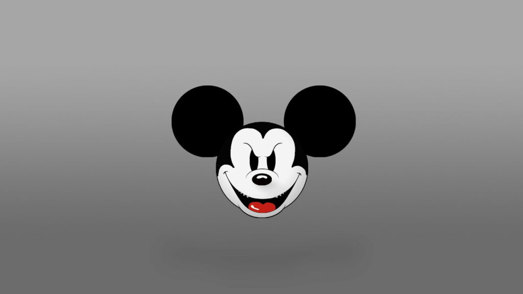 Minimalist menacing Mickey Mouse head with sinister grin on smooth grey background wallpaper