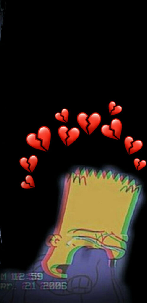 Distressed Bart Simpson with vintage VHS glitch broken hearts dark background retro wallpaper