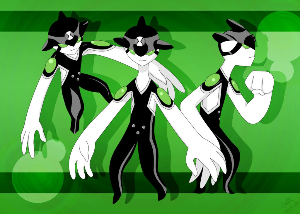 Ditto from Ben 10 wallpaper showing alien duplication ability on vibrant green background