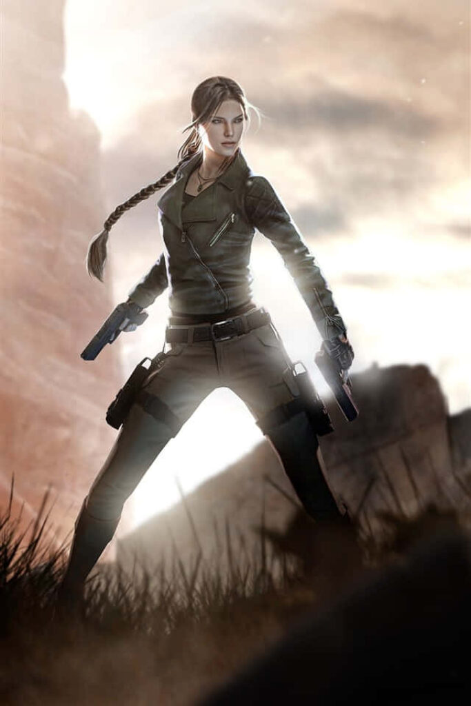 Adventure-ready Lara Croft in dynamic pose against dramatic sky - Rise of the Tomb Raider character wallpaper