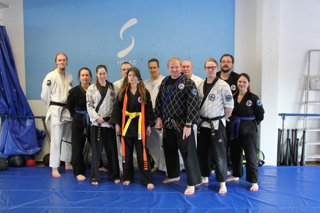 Diverse Hapkido students in uniforms pose on blue mats in a bright martial arts studio Wallpaper