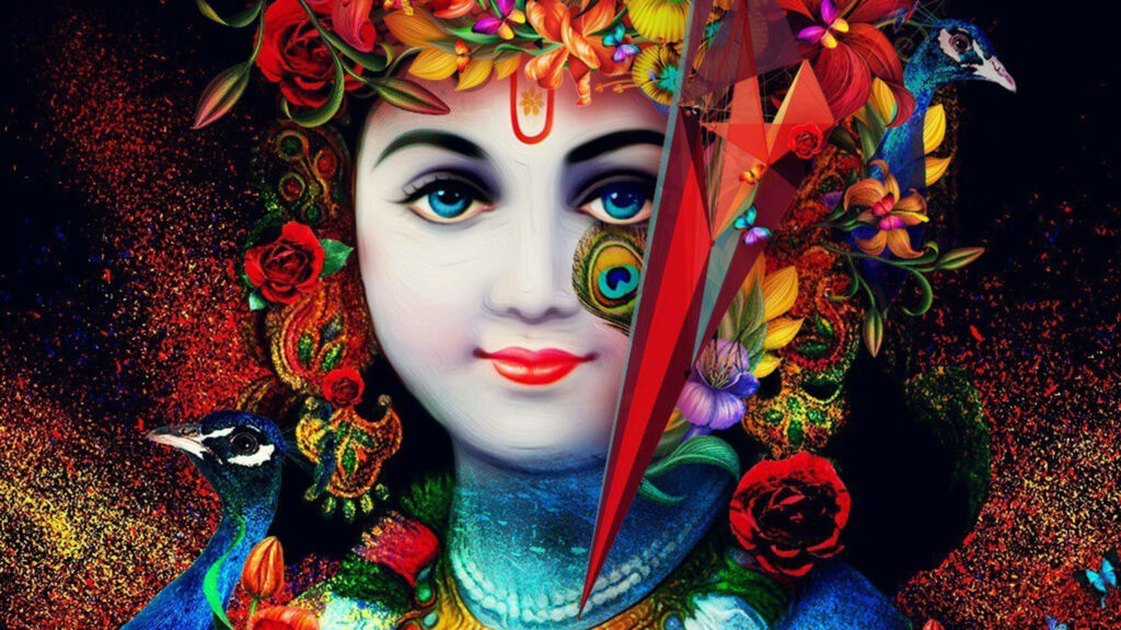 Divine Beauty: Exquisite Close-up of Lord Krishna, Bedecked with Vibrant Flowers and Majestic Peacocks Wallpaper