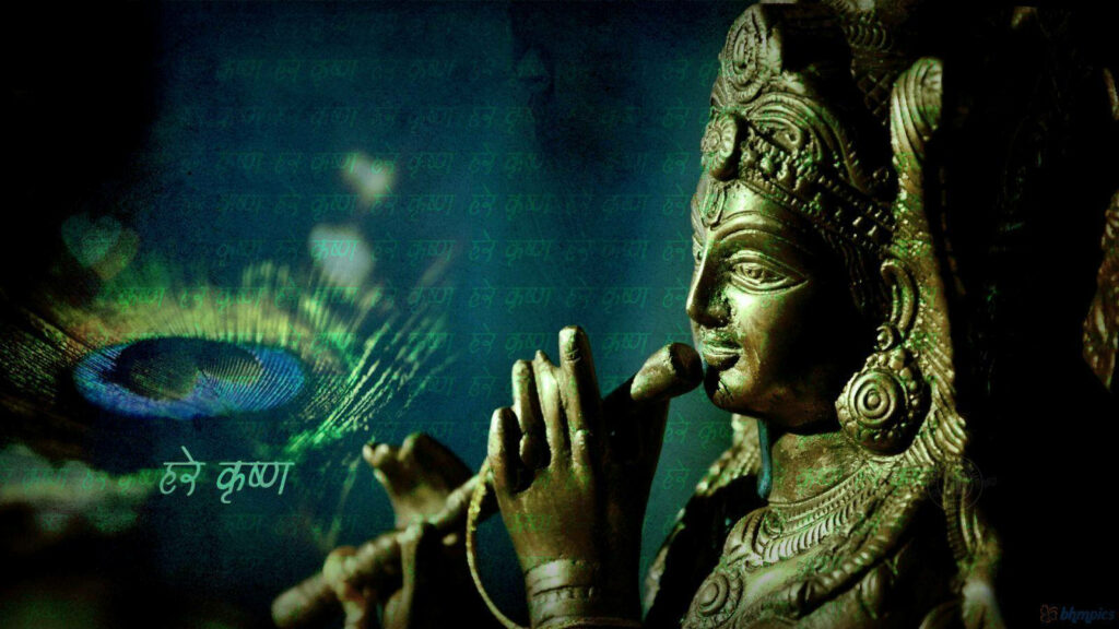 Divine Majesty Illuminated: Krishna Bhagwan Enshrined in a Radiant Golden Statue Amidst Emerald Hues Wallpaper