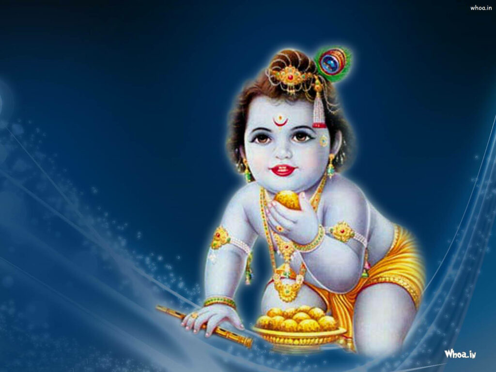 Enchanting Bal Krishna Devouring Kadamba in Radiant Blue Backdrop Wallpaper