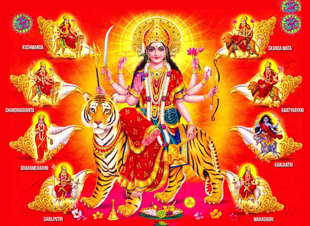 Hindu Goddess Durga on tiger with multiple arms and nine forms in vibrant red and gold wallpaper
