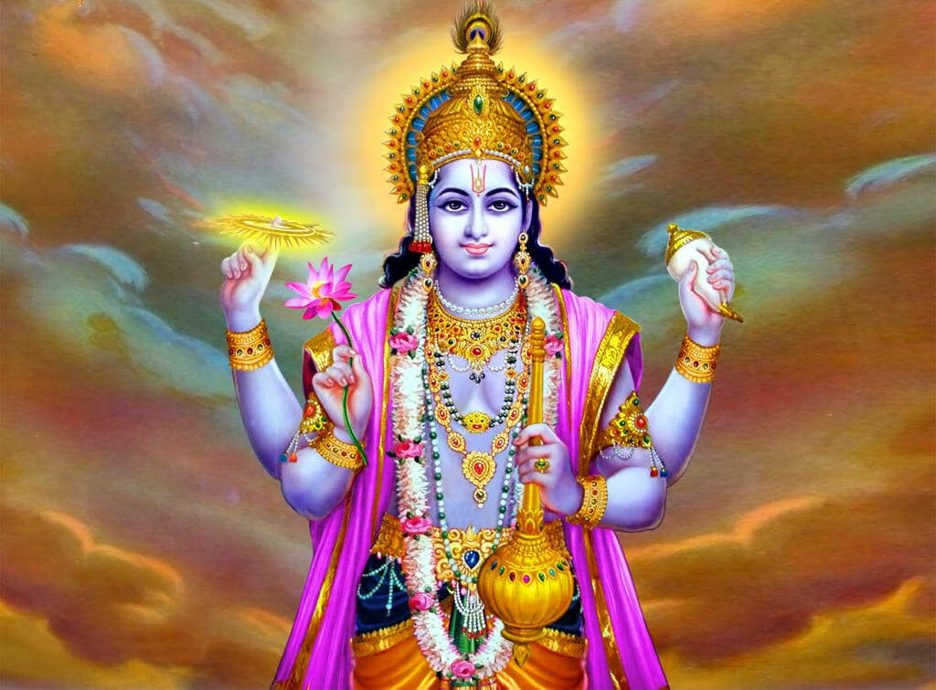 The Majestic Krishna Avatar of Lord Vishnu Transcending under a Scenic Golden Sky Wallpaper