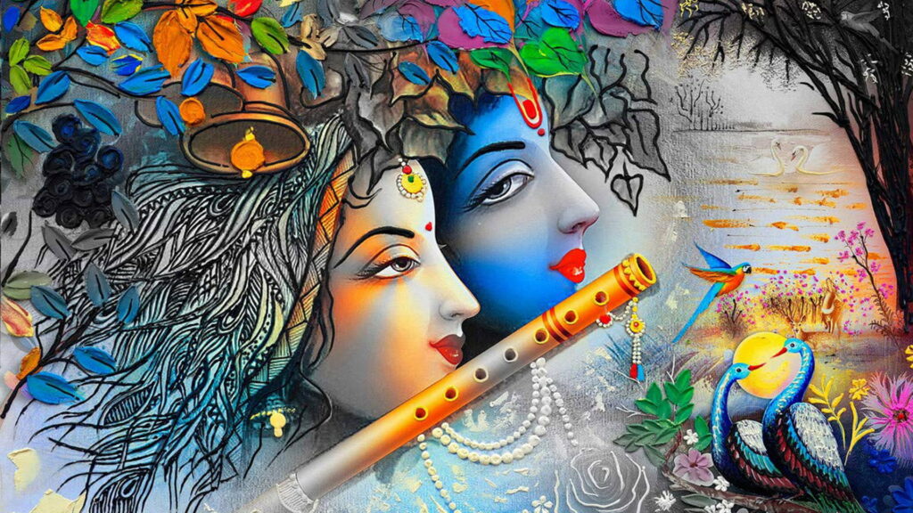 Ethereal Masterpiece: Divine Krishna in Vibrant HD Wallpaper
