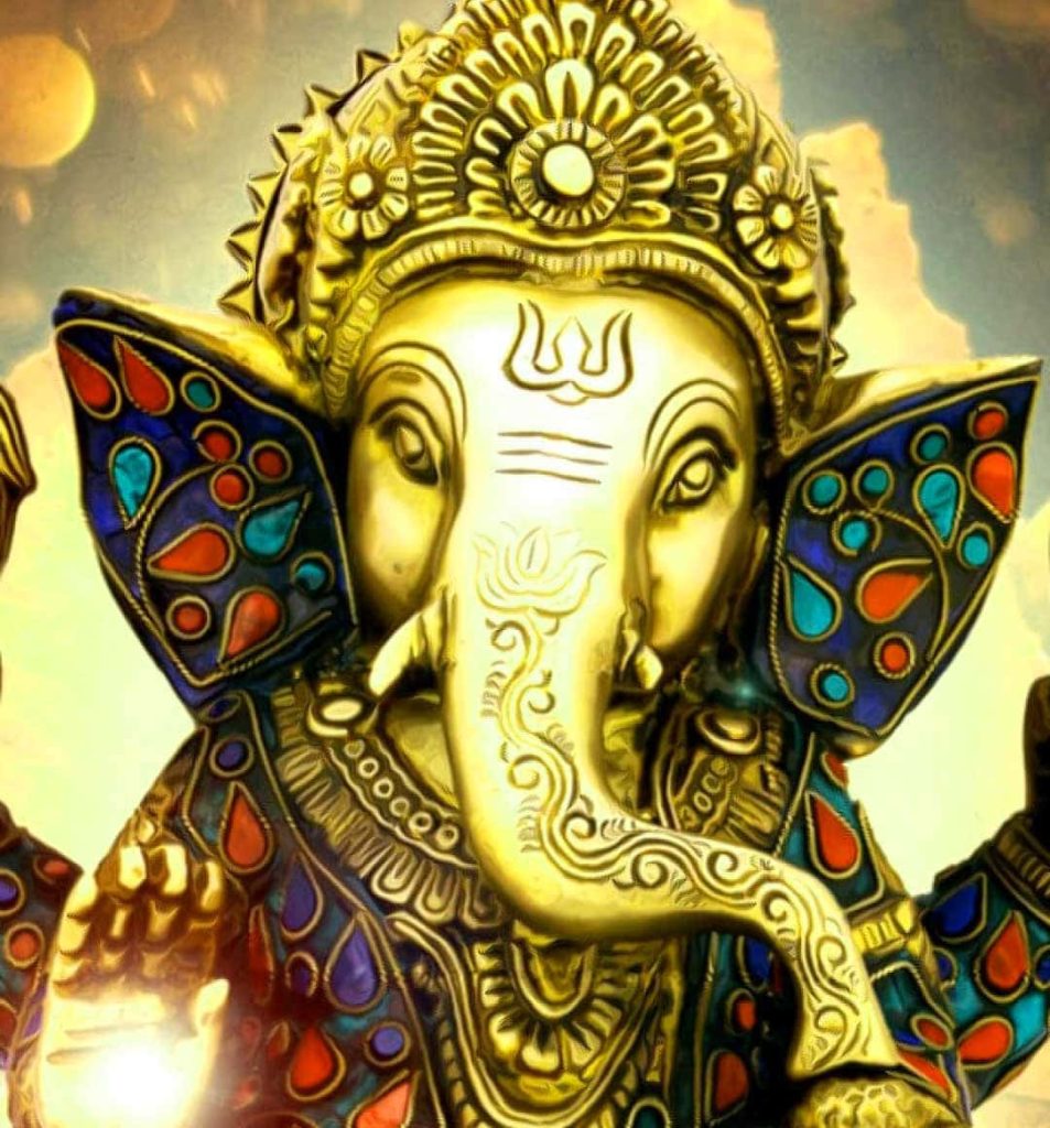 Ganesha statue digital art with golden metallic details and vibrant stained glass background Wallpaper