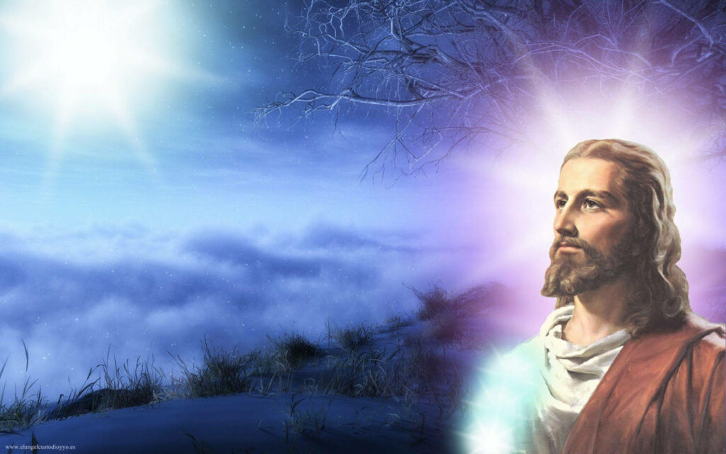 Divine Gaze: Christian God amidst a Sparkling Starlit Sky Wallpaper