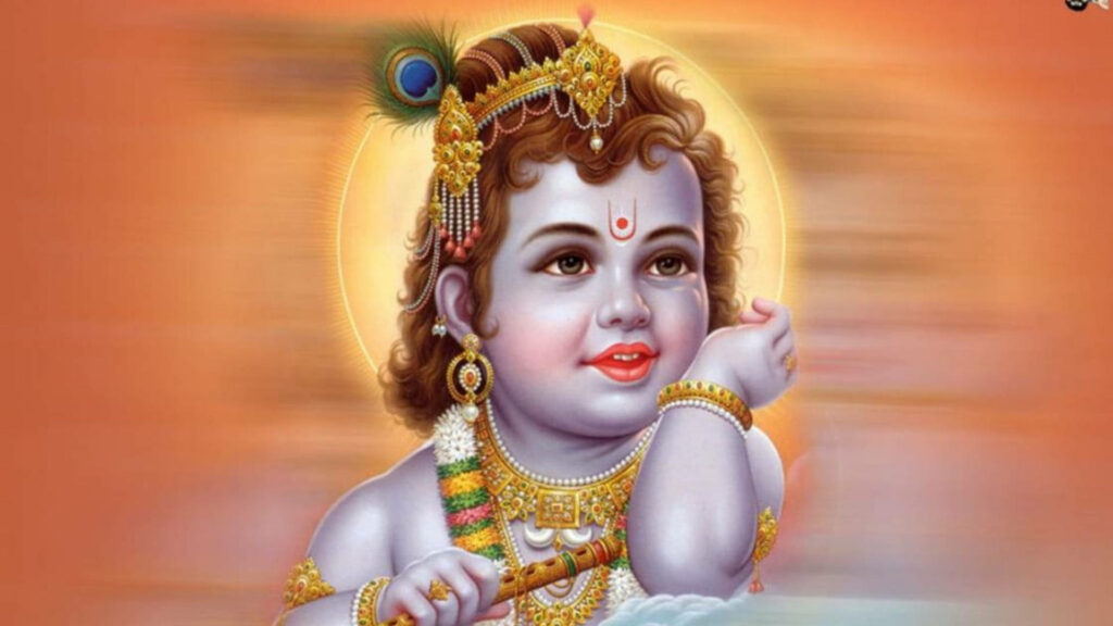 Divine Infancy: Exquisite Jeweled Krishna with Melodious Flute Wallpaper