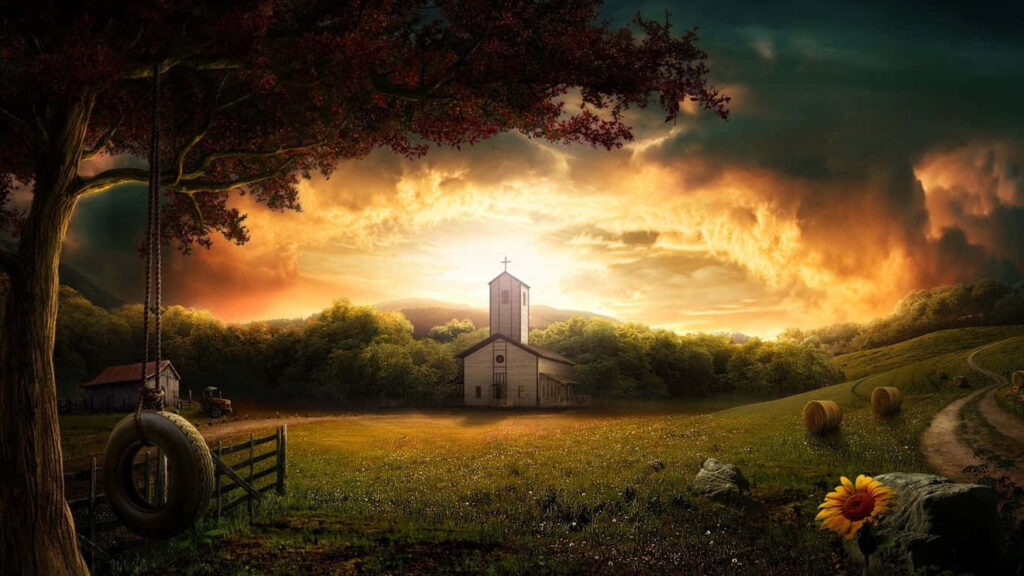 Tranquil sunset scene with church steeple in countryside setting Wallpaper