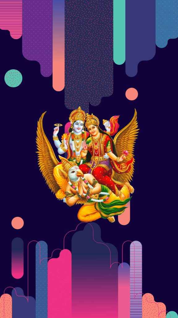 Lord Vishnu and Goddess Lakshmi on Garuda digital art wallpaper dark blue abstract background