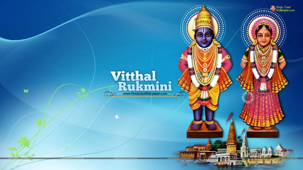 Lord Vitthal and Goddess Rukmini digital wallpaper with vibrant colors and Pandharpur temple background