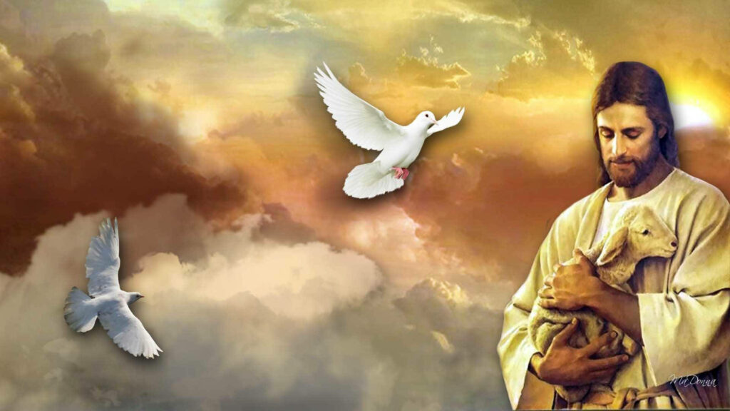 Divine Love: Jesus Embracing a Lamb, Surrounded by Soaring Doves - 4k Sacred Background Image Wallpaper