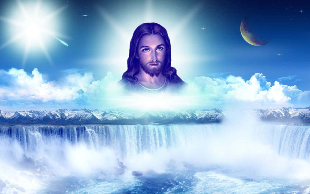 The Majestic Overlap: God Jesus and Waterfalls Wallpaper