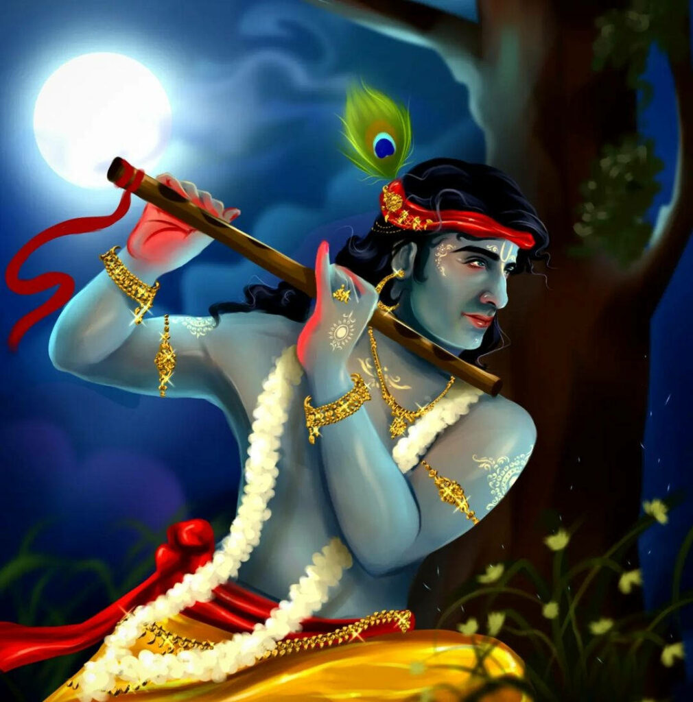 Melodious Midnight: Cartoon Krishna Serenades from the Tree Tops Wallpaper