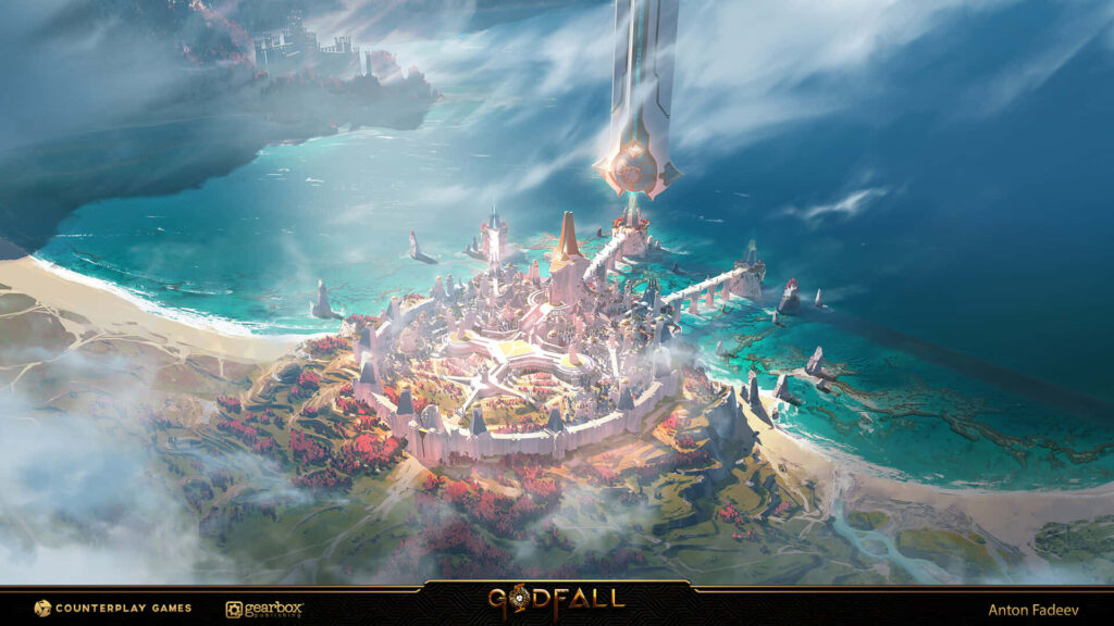 Godlike Battle Amidst Verdant Mastery: The Epic World of Godfall Wallpaper