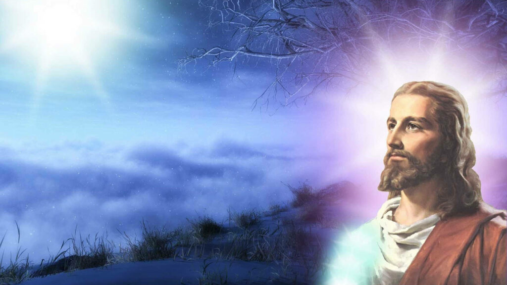 Majestic Jesus: Glowing with Divine Light against a Luminous Moonlit Backdrop Wallpaper