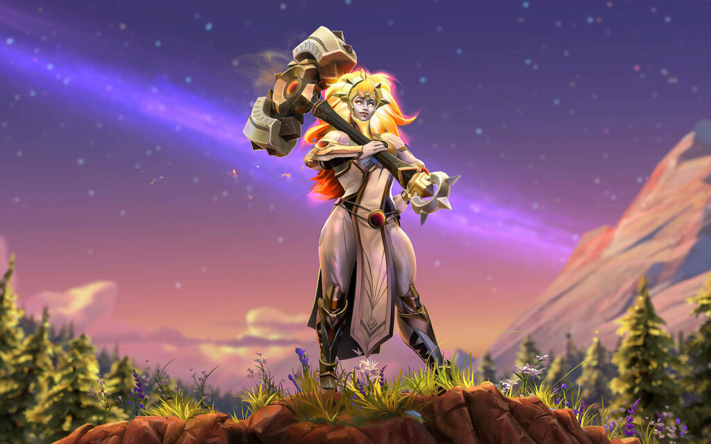 Dota 2's Celestial Warrior: Valora, the Dawnbreaker, Enthralls with Her Radiant Might in a Captivating Background Wallpaper