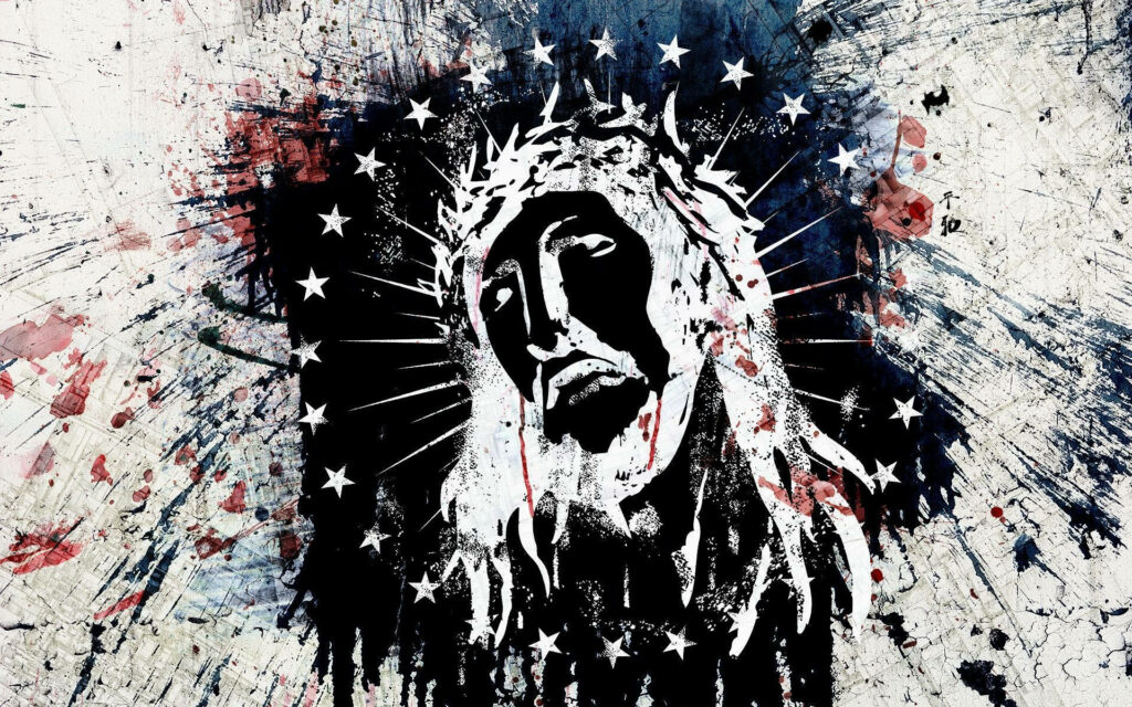 The Divine Canvas: Jesus Christ Enveloped in Patriotic Paint Splatter Wallpaper