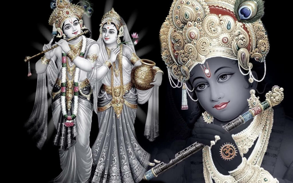 The Gray and Gold Glory of Radha Krishna: A 3D Wallpaper Masterpiece!