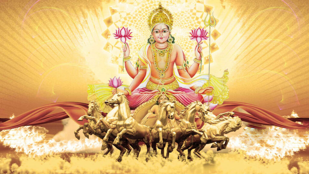 Surya Bhagwan on golden chariot with seven horses radiant sunrays spiritual wallpaper background