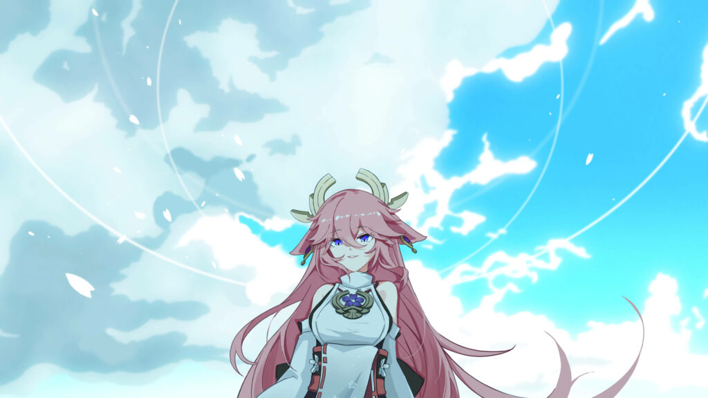 Yae Miko Serenely Soars amidst Azure Skies in Genshin Impact Background Image Wallpaper