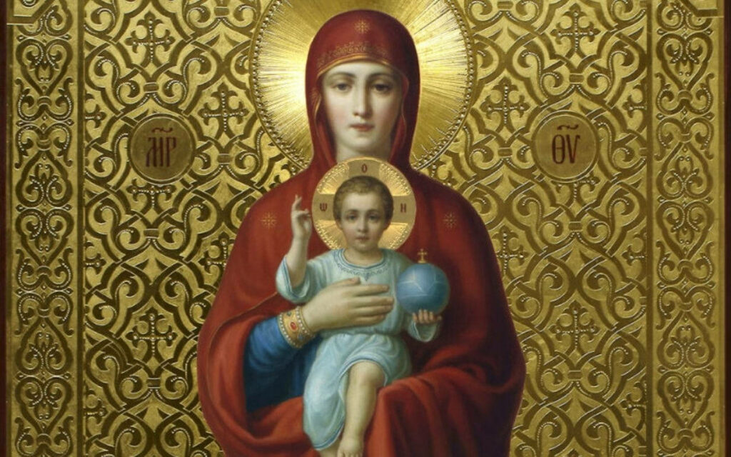 Gilded Grace: A Majestic Depiction of Mary and Jesus Amidst a Breathtaking Gold Backdrop Wallpaper